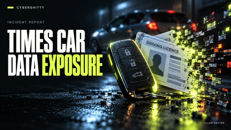 Conceptual illustration: An anonymous car-sharing key fob beside generic driving-licence cards breaking into data fragments; a parked compact car softly blurred behind. Headline: TIMES CAR DATA EXPOSURE.