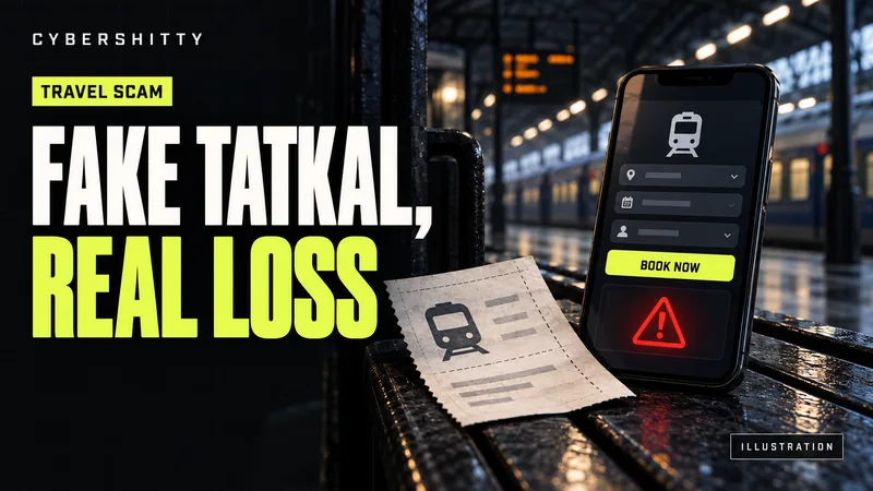 Illustration of a train ticket, phone with a fake booking interface and warning triangle, with the headline Fake Tatkal, Real Loss.