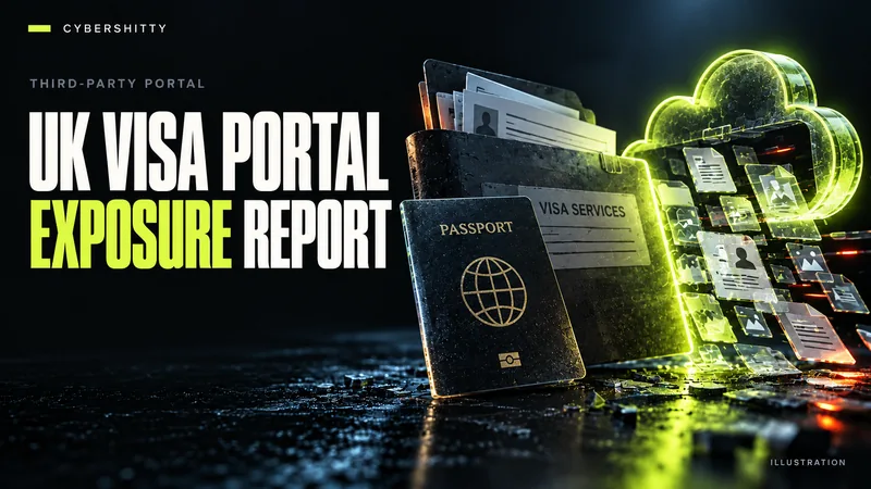 Conceptual illustration: A generic passport silhouette and private visa-service folder beside open cloud storage. Headline: UK VISA PORTAL EXPOSURE REPORT.