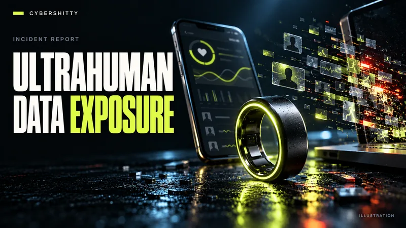 Conceptual illustration: A premium unbranded smart ring beside a phone with abstract fitness curves and anonymous profiles, data fragments escaping from a laptop silhouette. Headline: ULTRAHUMAN DATA EXPOSURE.