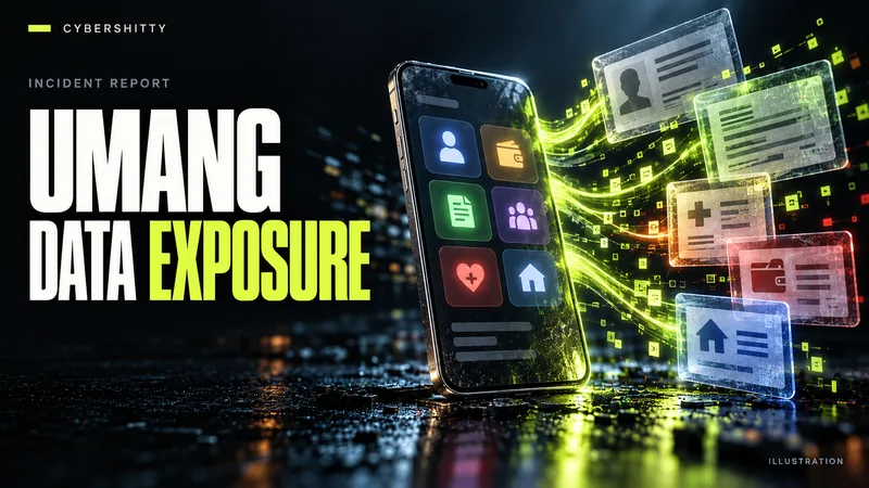 Conceptual illustration: An anonymous smartphone with abstract civic-services tiles connected to generic identity and benefits documents. Headline: UMANG DATA EXPOSURE.