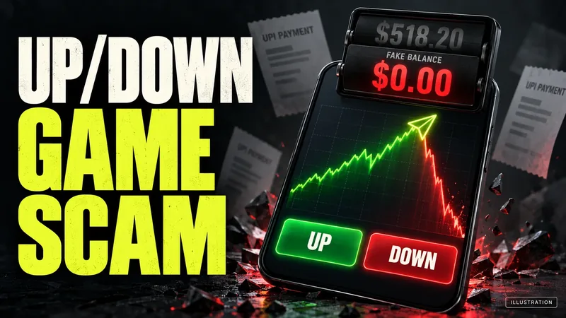 Illustration of a phone running an UP/DOWN trading game: a paper plane climbs a green chart, then the line crashes red and a fake balance flips from $518.20 to $0.00, with UPI payment receipts behind. Text: UP/DOWN GAME SCAM.