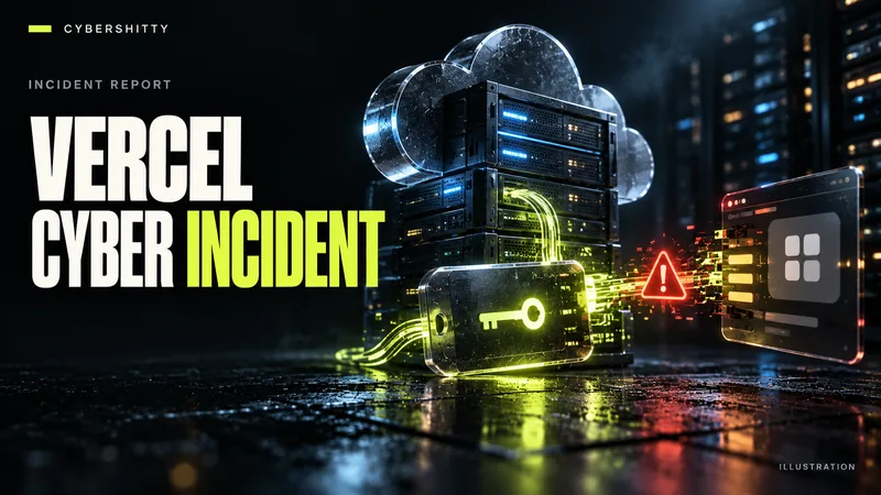 Conceptual illustration: A generic cloud deployment server connected to an access-key token and external-app node; a narrow warning at the identity connection. Headline: VERCEL CYBER INCIDENT.